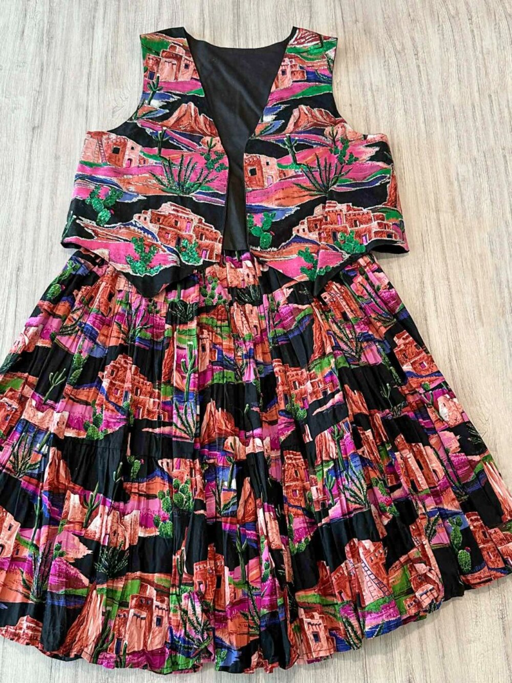 Vintage Handmade Southwest Desert Print Vest Skirt Set 2 Pc Western 80s 90s